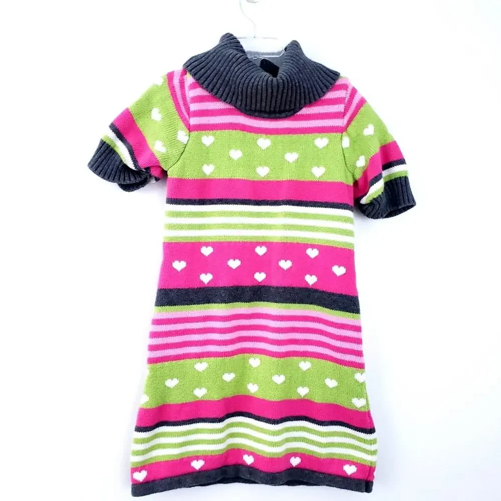 Gymboree Sweater Dress Hearts Stripes Short Sleeve Size 7 Girl Cotton Pink Green